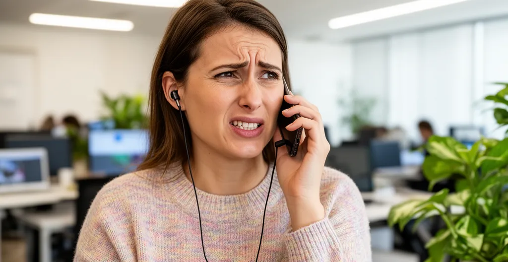 Professionnelle européenne grimaçant en écoutant contenu audio sur smartphone