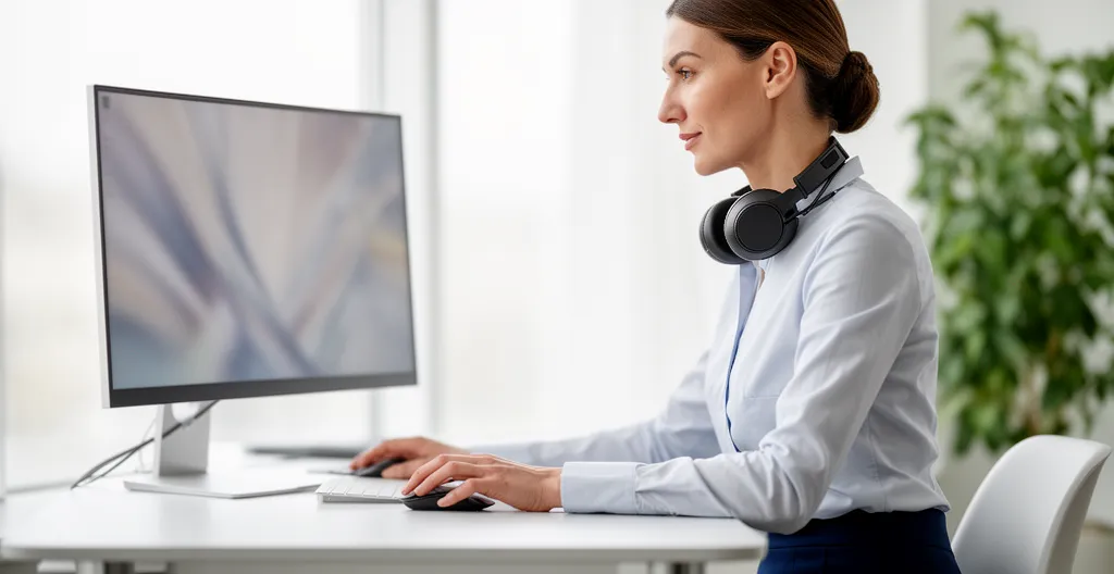 Professionnelle européenne concentrée devant écran de montage vidéo avec casque audio