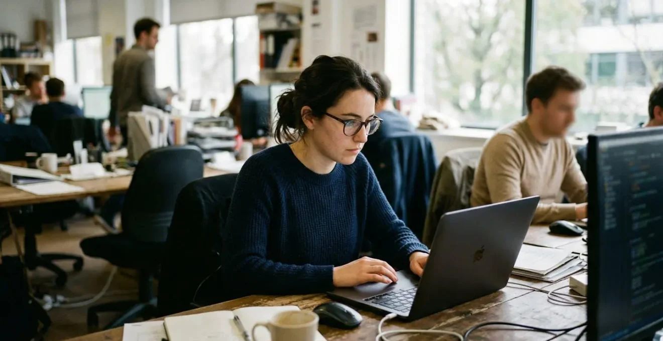 Une personne concentrée devant son écran dans un open space lumineux, collègue flou en arrière-plan