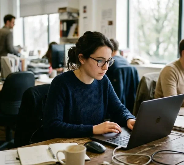 Une personne concentrée devant son écran dans un open space lumineux, collègue flou en arrière-plan