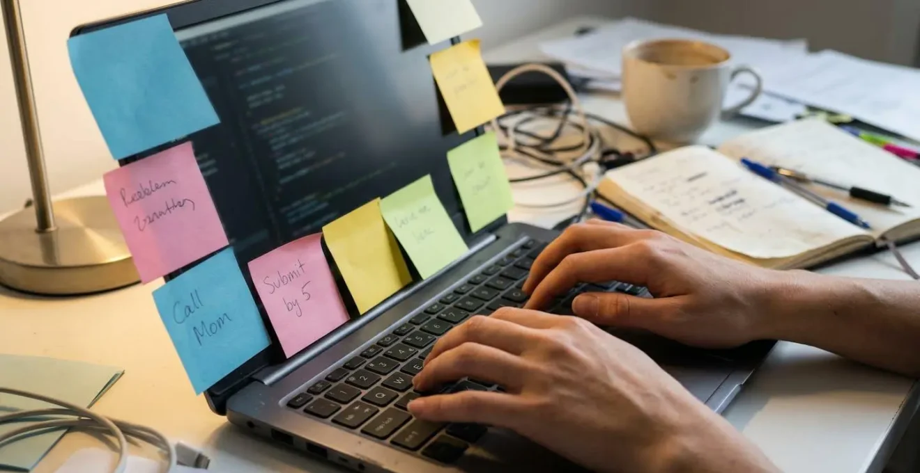Des mains tapant sur un clavier entouré de post-its colorés dans un environnement de bureau légèrement désordonné