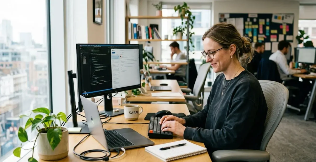 Une personne souriante de profil devant son poste de travail dans un bureau moderne aux tons neutres