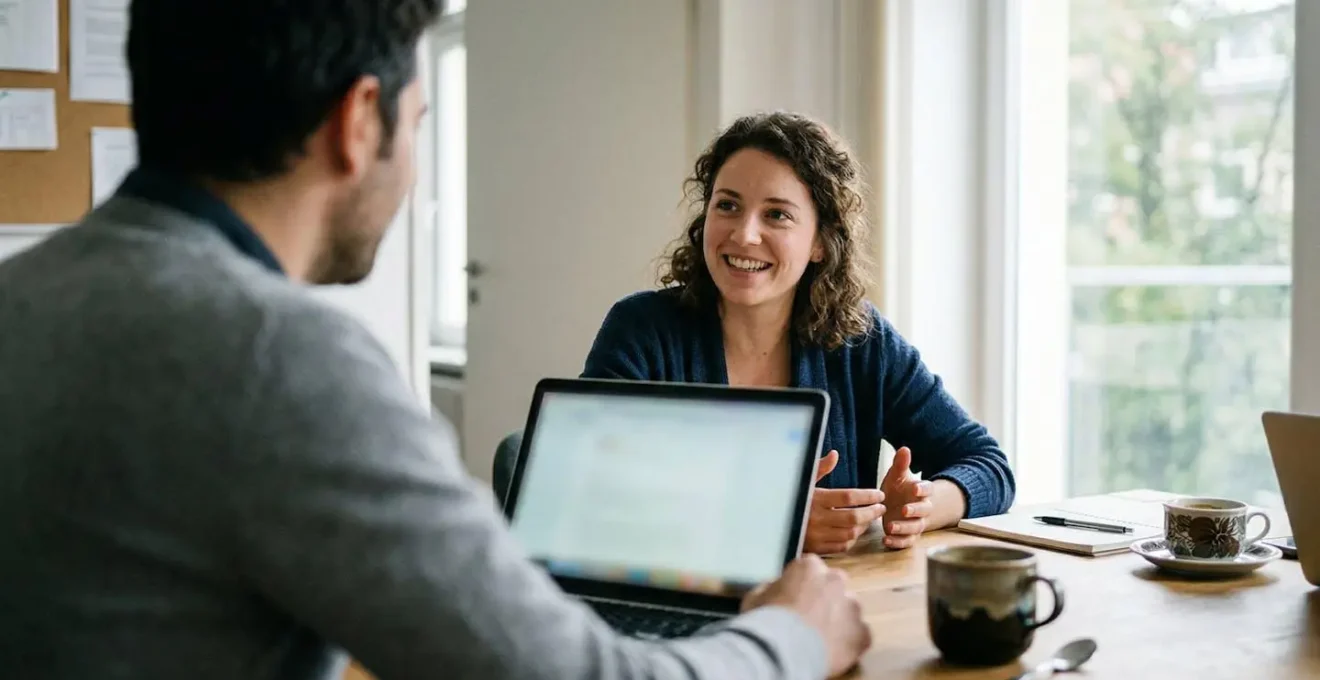 Deux personnes discutent autour d'un ordinateur portable dans une salle de réunion lumineuse avec des tasses de café sur la table